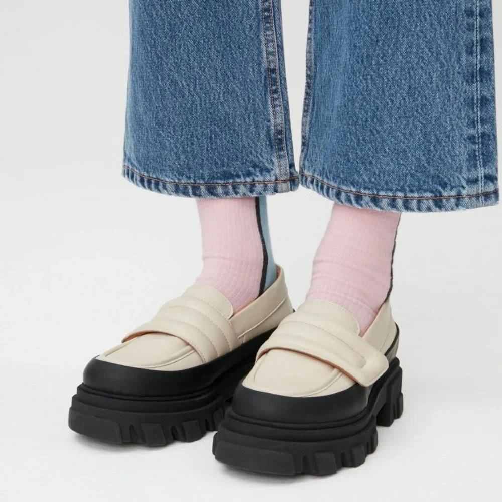 GANNI Off-White Leather Chunky Padded Loafers in Oyster Gray Women’s Size 8.5/39